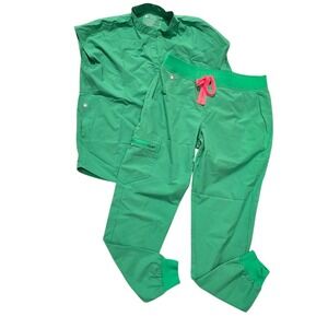 FIGS Green Scrub Set Womens Small Sleeveless Mandarin Top Jogger Pants Pink Draw
